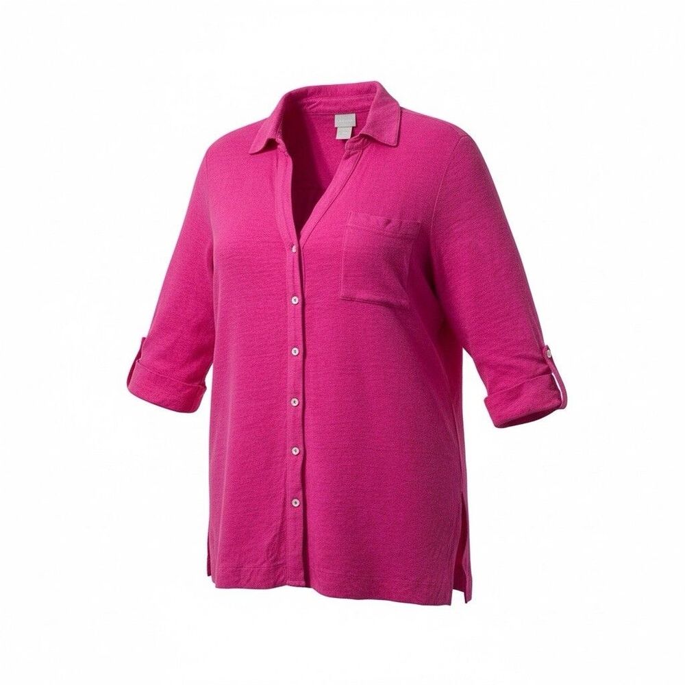 Chicos Deep Pink 100% Linen Button Down Knit Tunic Shirt Blouse Sz 2 Large